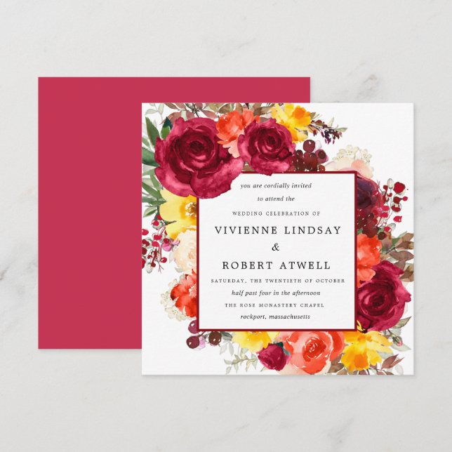 Invitación Boda Rústico de la Plaza Floral de otoño (Anverso / Reverso)