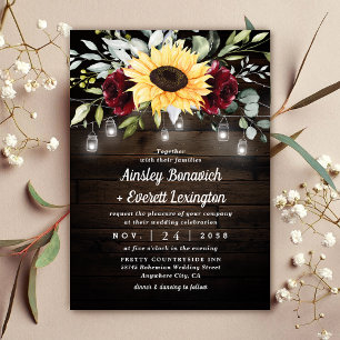 Invitación Boda Rústico de la Rosa Roja de Girasol y Borgoña