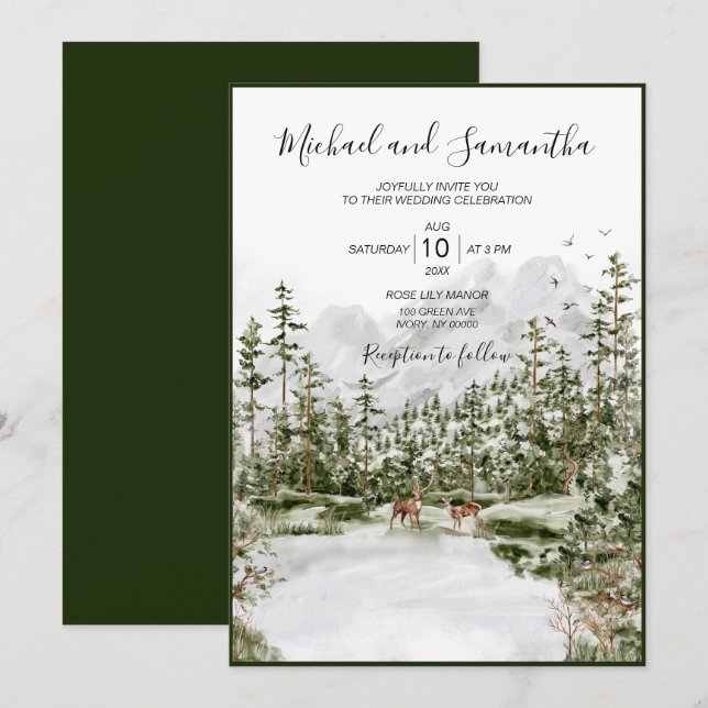 Invitación Boda Rústico de la Selva de Montaña de Acuarela (Anverso / Reverso)