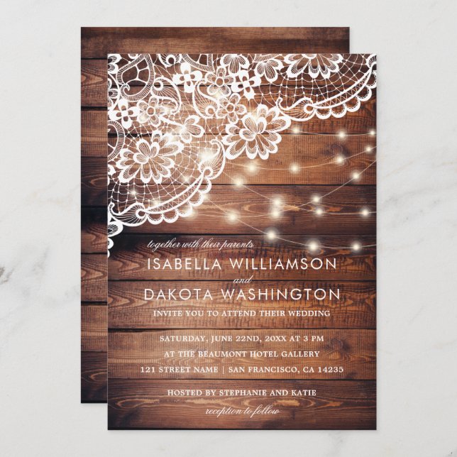 Invitación Boda Rústico de Lace de Madera de Barn y Luces de  (Anverso / Reverso)