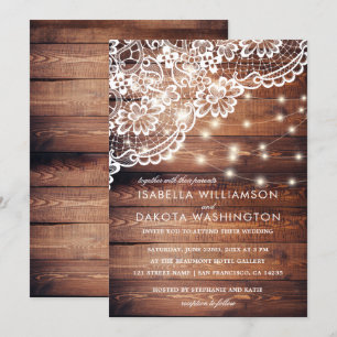 Invitación Boda Rústico de Lace de Madera de Barn y Luces de