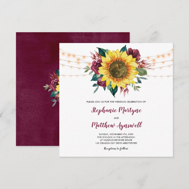 Invitación Boda Rústico De Las Luces Florales De Girasol (Anverso / Reverso)