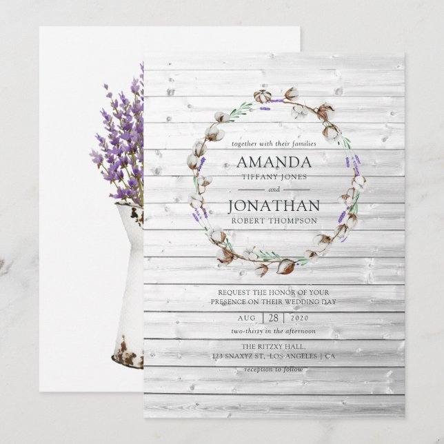 Invitación Boda Rústico de Lavanda de Algodón (Anverso / Reverso)