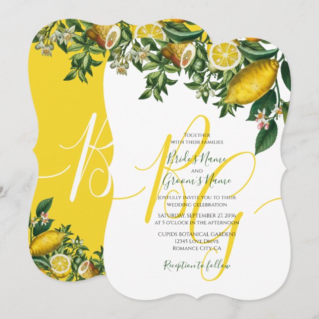 Invitación Boda Rústico de Limón Amarillo y Vegetación Foliag (Anverso / Reverso)