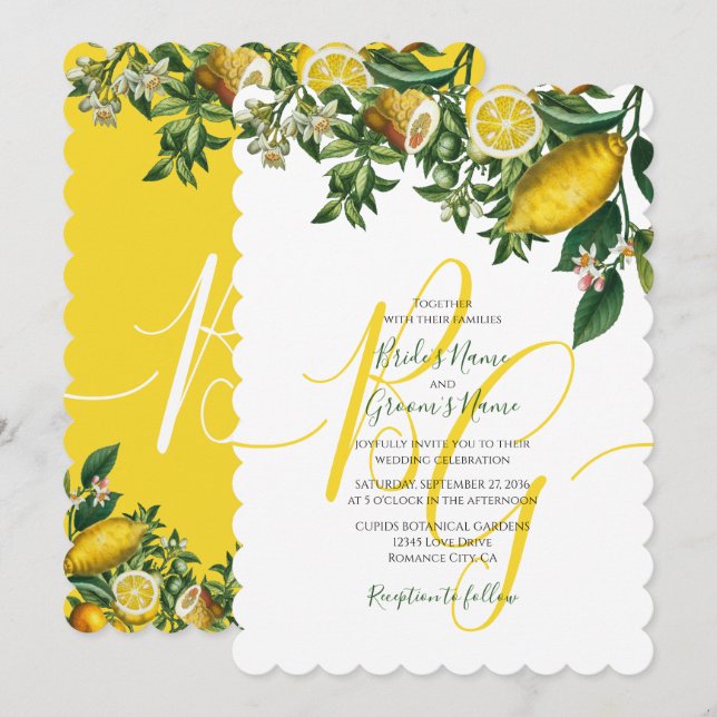 Invitación Boda Rústico de Limón Amarillo y Vegetación Foliag (Anverso / Reverso)