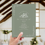 Invitación Boda Rústico de Line Art Barn Sage Green<br><div class="desc">Ilustracion de granero en la parte superior con borde botánico de arte de línea. El fondo es de color verde sabio.</div>