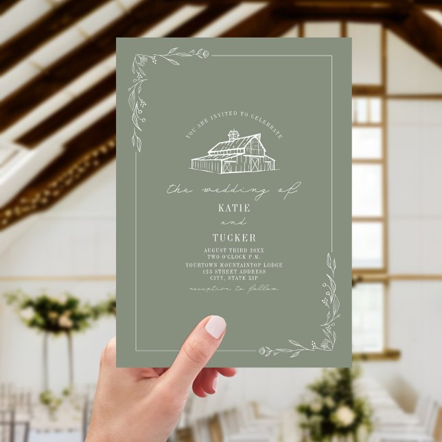 Invitación Boda Rústico de Line Art Barn Sage Green (Subido por el creador)