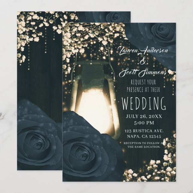 Invitación Boda Rústico de Linterna brillante y Rosas azules  (Anverso / Reverso)