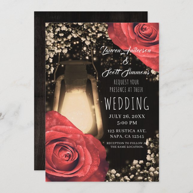 Invitación Boda Rústico De Linterna Y Rosas Rojas (Anverso / Reverso)
