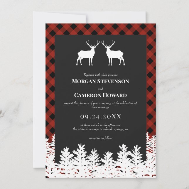 Invitación Boda Rústico de los Deer Bucks de Red Buffalo Chec (Anverso)