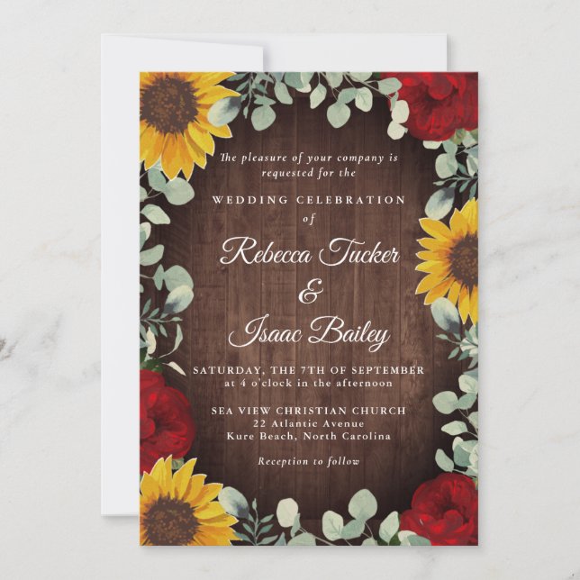 Invitación Boda Rústico de los girasoles Eucalyptus Red Rose  (Anverso)