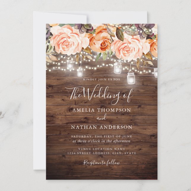 Invitación Boda Rústico de Luces Florales de Madera (Anverso)
