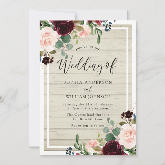 Invitación Boda Rústico de Madera Blanca con Flores de Rubor  (Anverso)