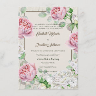 Invitación Boda Rústico de madera blanca y rosa rosa añeja