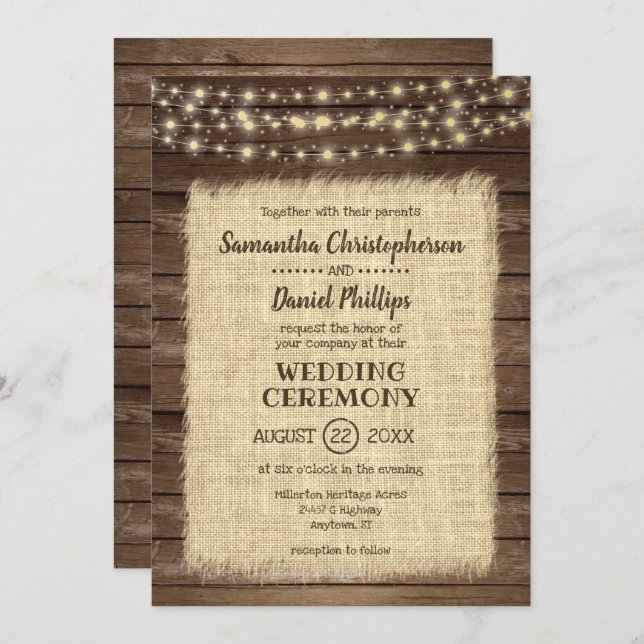 Invitación Boda Rústico de Madera, Burlap y String Lights (Anverso / Reverso)