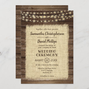 Invitación Boda Rústico de Madera, Burlap y String Lights