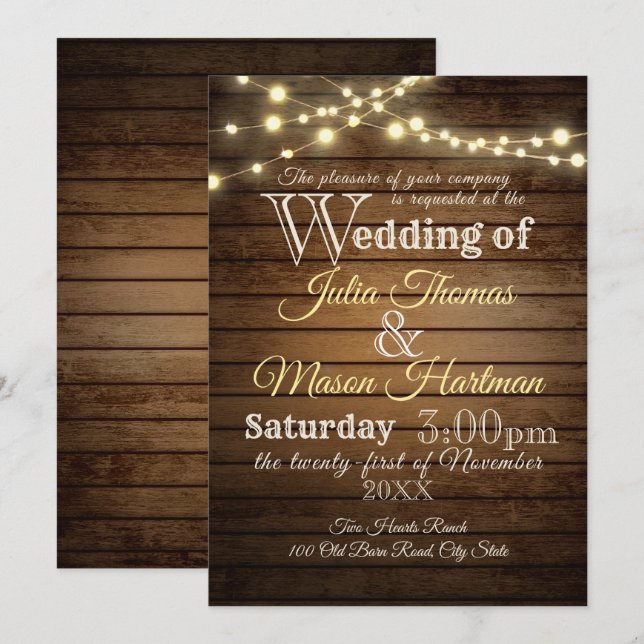 Invitación Boda Rústico de Madera de Barn y Luces de Cadena (Anverso / Reverso)