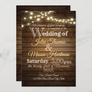 Invitación Boda Rústico de Madera de Barn y Luces de Cadena