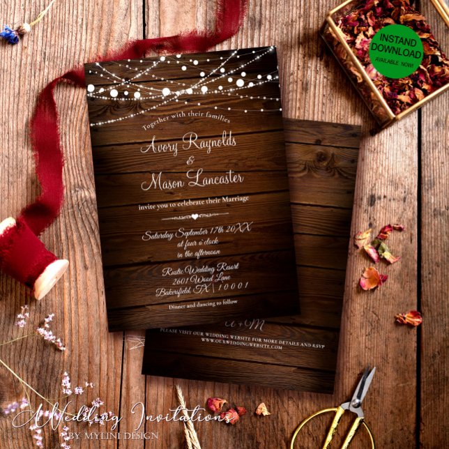 Invitación Boda Rústico de Madera de Barn y Luces de Cadena (Subido por el creador)