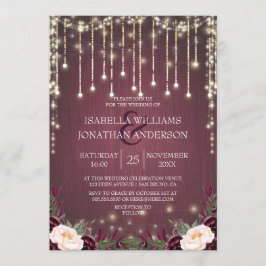 Invitación Boda Rústico de Madera de Borgoña y Luces de Caden