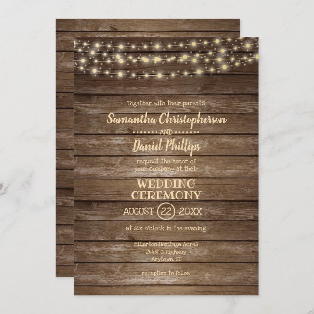 Invitación Boda Rústico de Madera de Campo y Luces de Cadena (Anverso / Reverso)