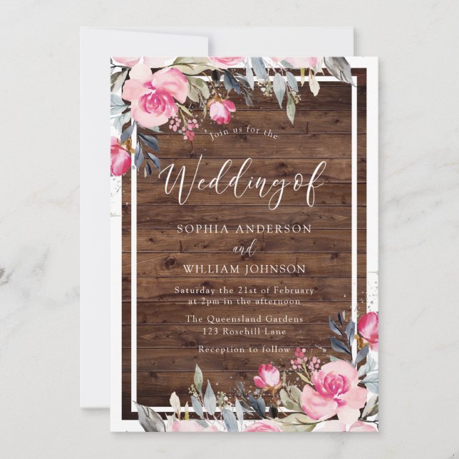 Invitación Boda Rústico de Madera de Flores Rosadas de Rubor (Anverso)