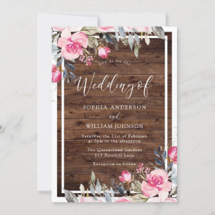 Invitación Boda Rústico de Madera de Flores Rosadas de Rubor