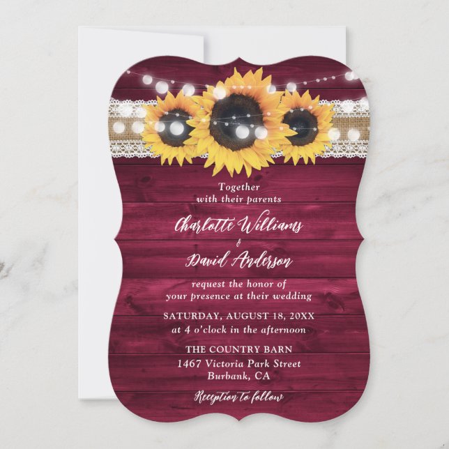 Invitación Boda Rústico de Madera de Girasol de Borgoña (Anverso)