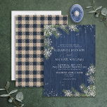 Invitación Boda Rústico de madera de invierno de plata azul<br><div class="desc">Cree la invitación perfecta para bodas con este diseño rústico de tierra de maravillas de invierno. Con madera azul marino, copos de nieve de purpurina plateado cayendo sobre la vegetación de la fibra de acuarela, con tipografía de escritura con letras a mano y luces de cuerda brillantes, la parte posterior...</div>