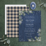 Invitación Boda Rústico de madera de invierno de plata azul<br><div class="desc">Cree la invitación perfecta para bodas con este diseño rústico de tierra de maravillas de invierno. Con madera azul marino, copos de nieve de purpurina plateado cayendo sobre la vegetación de la fibra de acuarela, con tipografía de escritura con letras a mano y luces de cuerda brillantes, la parte posterior...</div>
