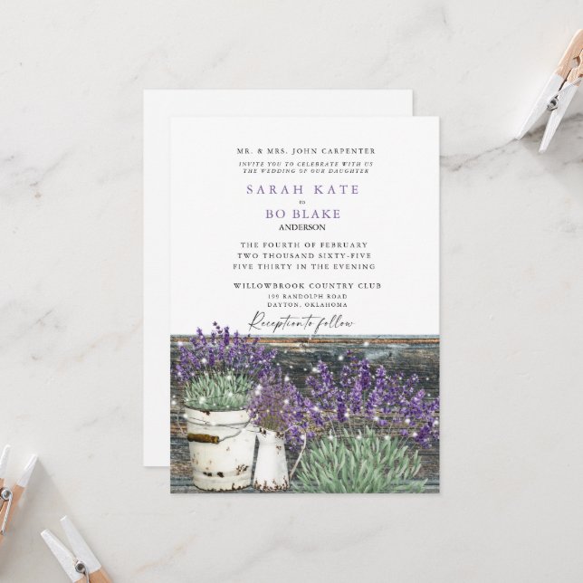 Invitación Boda Rústico de Madera de Lavanda Vintage (Anverso/Reverso In Situ)