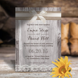 Invitación Boda Rústico De Madera De Marfil Y Cinta Burlap