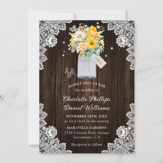 Invitación Boda Rústico De Madera Floral De Cubrecamas Amaril (Anverso)