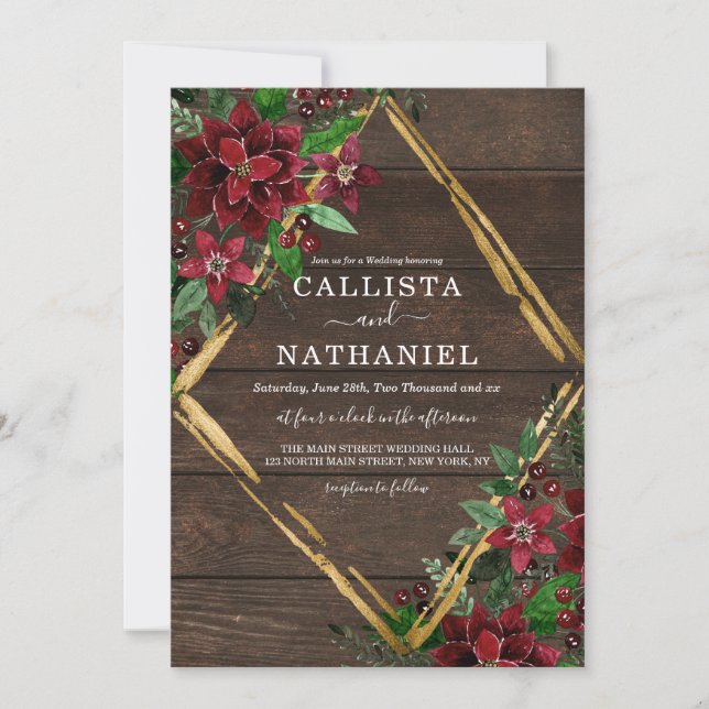 Invitación Boda Rústico de Madera Floral de Poinsettia de Oro (Anverso)