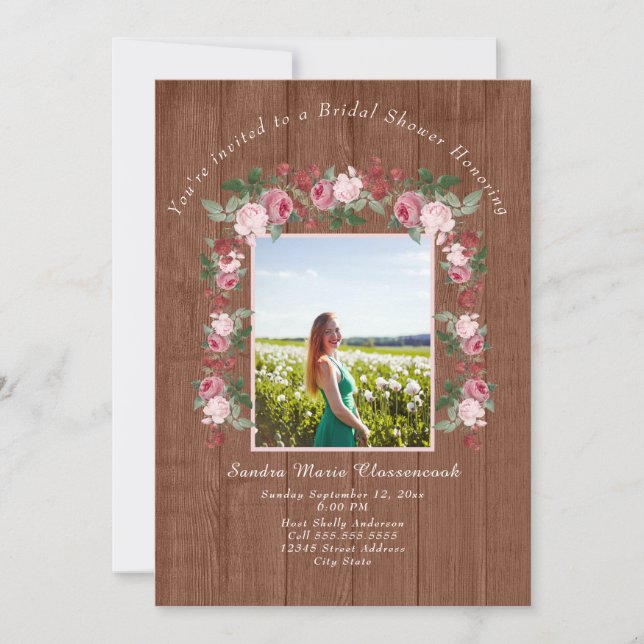 Invitación Boda Rústico De Madera Floral Rosada Ducha Bridal  (Anverso)