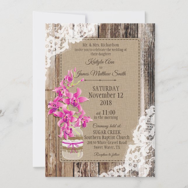 Invitación Boda Rústico de madera magenta orquídea (Anverso)