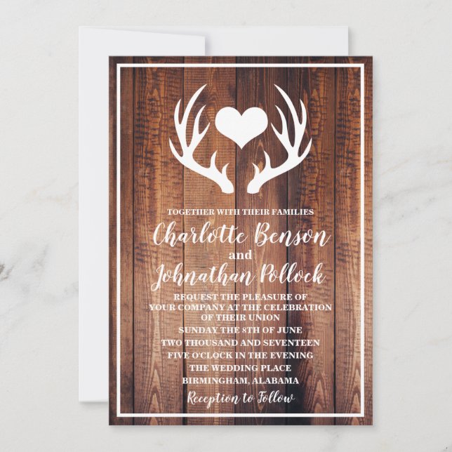 Invitación Boda Rústico De Madera Oscura Y Antillas De Cervan (Anverso)
