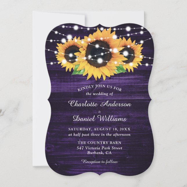 Invitación Boda Rústico de Madera Púrpura y Girasol (Anverso)
