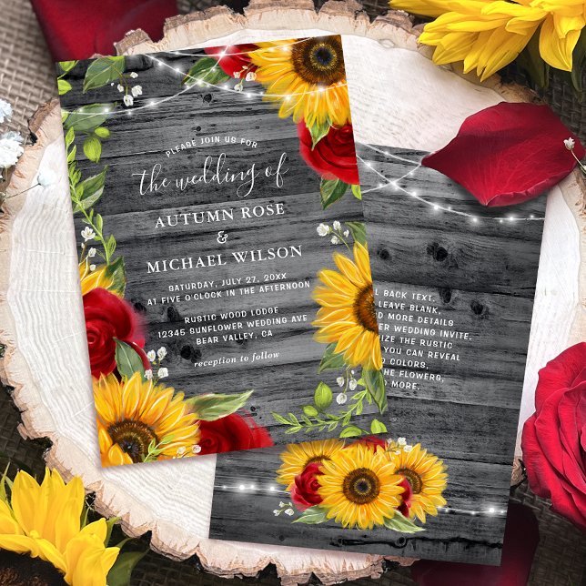 Invitación Boda Rústico de Madera Rosa Roja de Borgoña (Personalized rustic wood, burgundy red rose sunflower wedding invitations for your big day!)