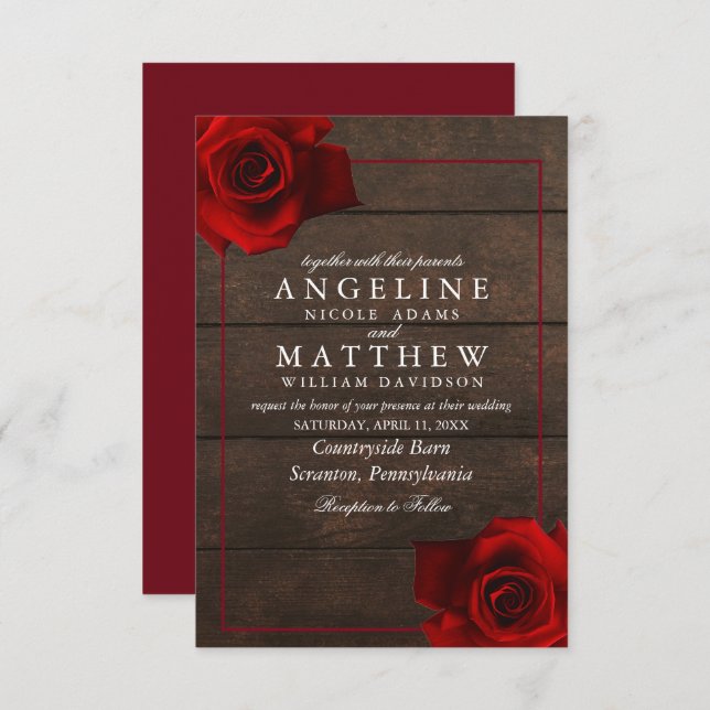 Invitación Boda Rústico de Madera Rústica de la Rosa Roja de  (Anverso / Reverso)