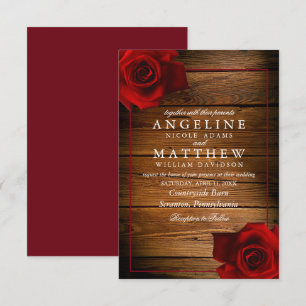 Invitación Boda Rústico de Madera Rústica de la Rosa Roja de 