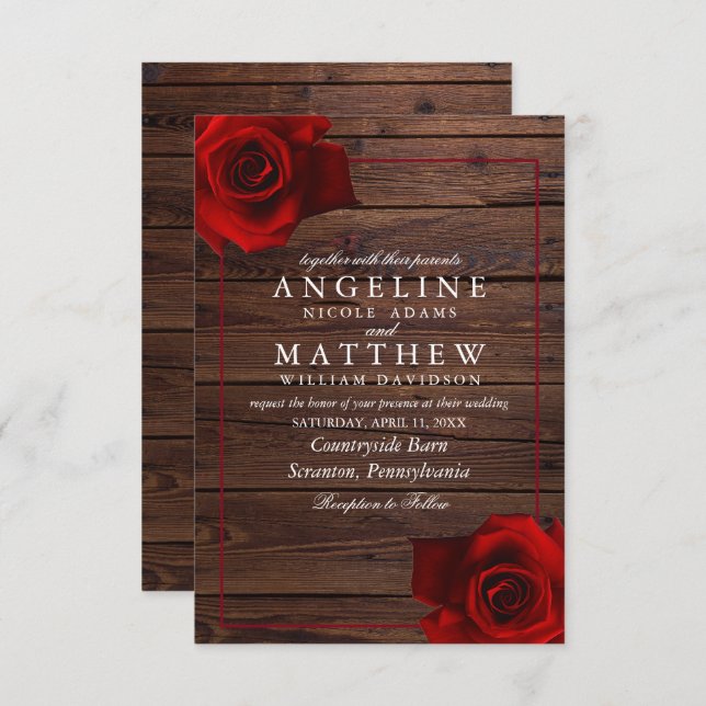 Invitación Boda Rústico de Madera Rústica Rosa Borgoña (Anverso / Reverso)