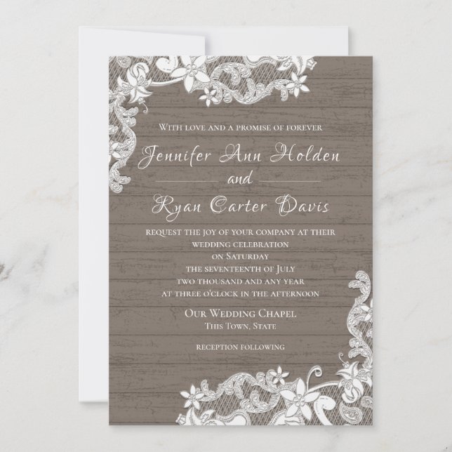 Invitación Boda Rústico de Madera y Encaje (Anverso)