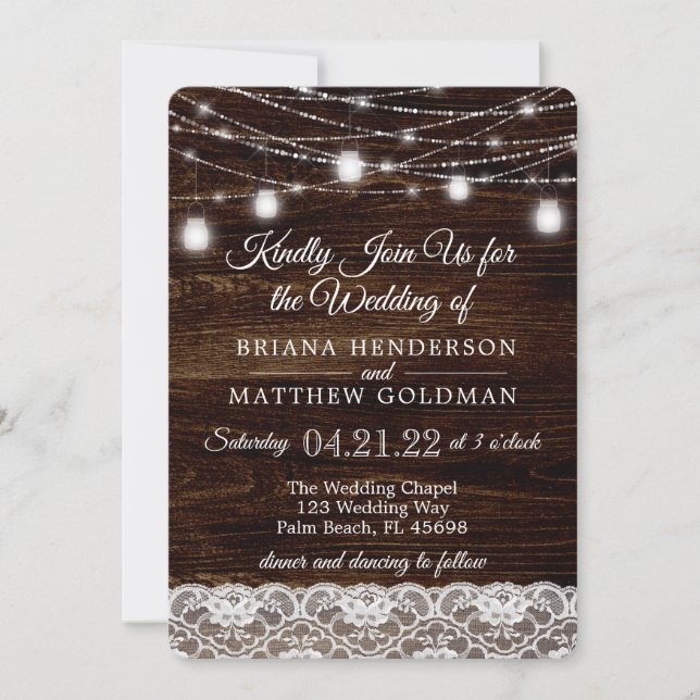 Invitación Boda Rústico de Madera y Luces de Lace Mason Jar (Anverso)