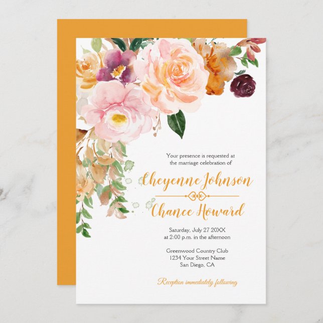 Invitación Boda Rústico de malva rosa azafrán | (Anverso / Reverso)
