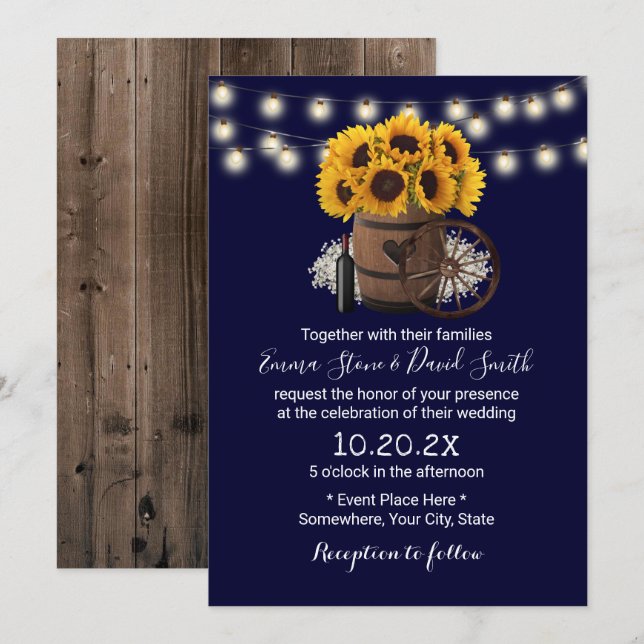 Invitación Boda Rústico de marihuana de girasol azul de marin (Anverso / Reverso)