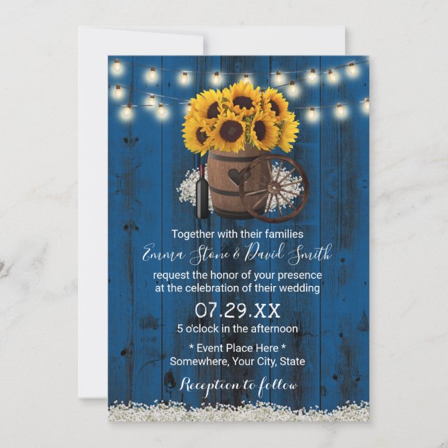 Invitación Boda Rústico de marihuana de girasol azul de marin (Anverso)