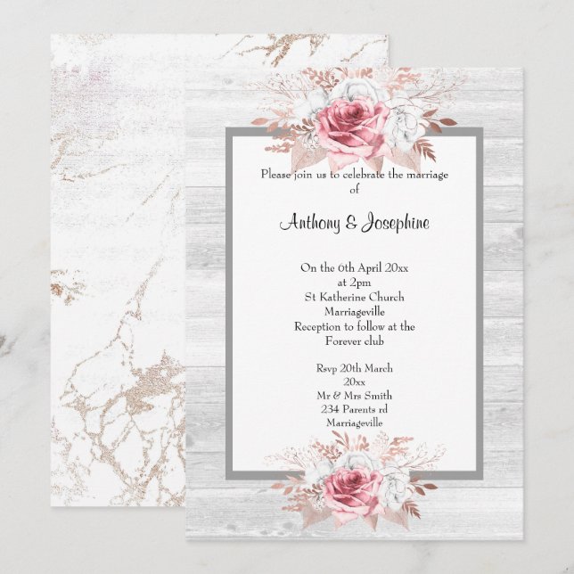 Invitación Boda Rústico De Mármol Floral Rosa (Anverso / Reverso)