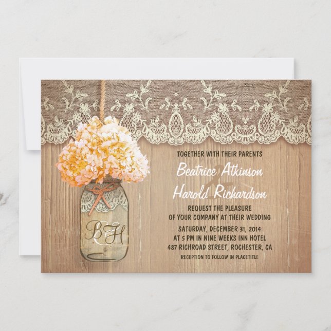 Invitación boda rústico de mason jar durazno hidrangea (Anverso)