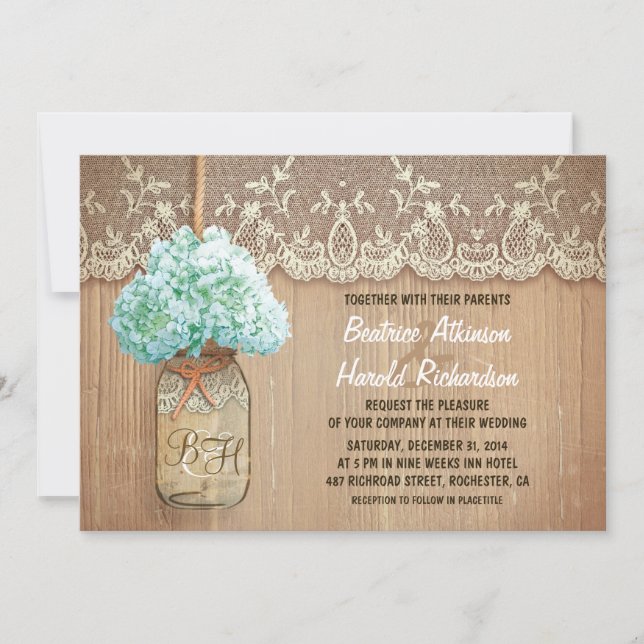 Invitación boda rústico de mason jar hidrangea (Anverso)